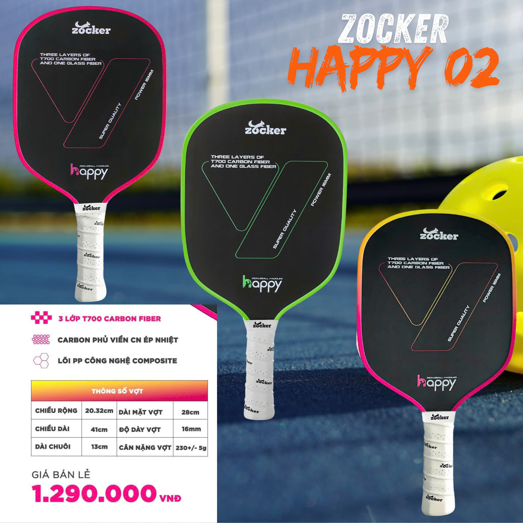 Vợt Pickleball Zocker Happy HP2 Super Quality