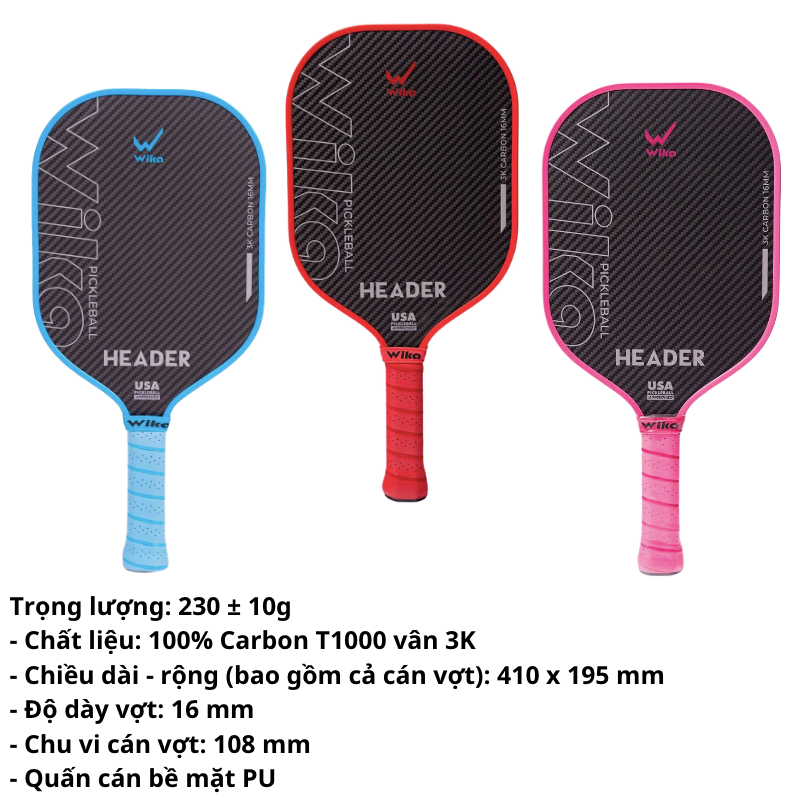 Vợt Pickleball WIKA HEADER  CARBON T1000 - VÂN 3K